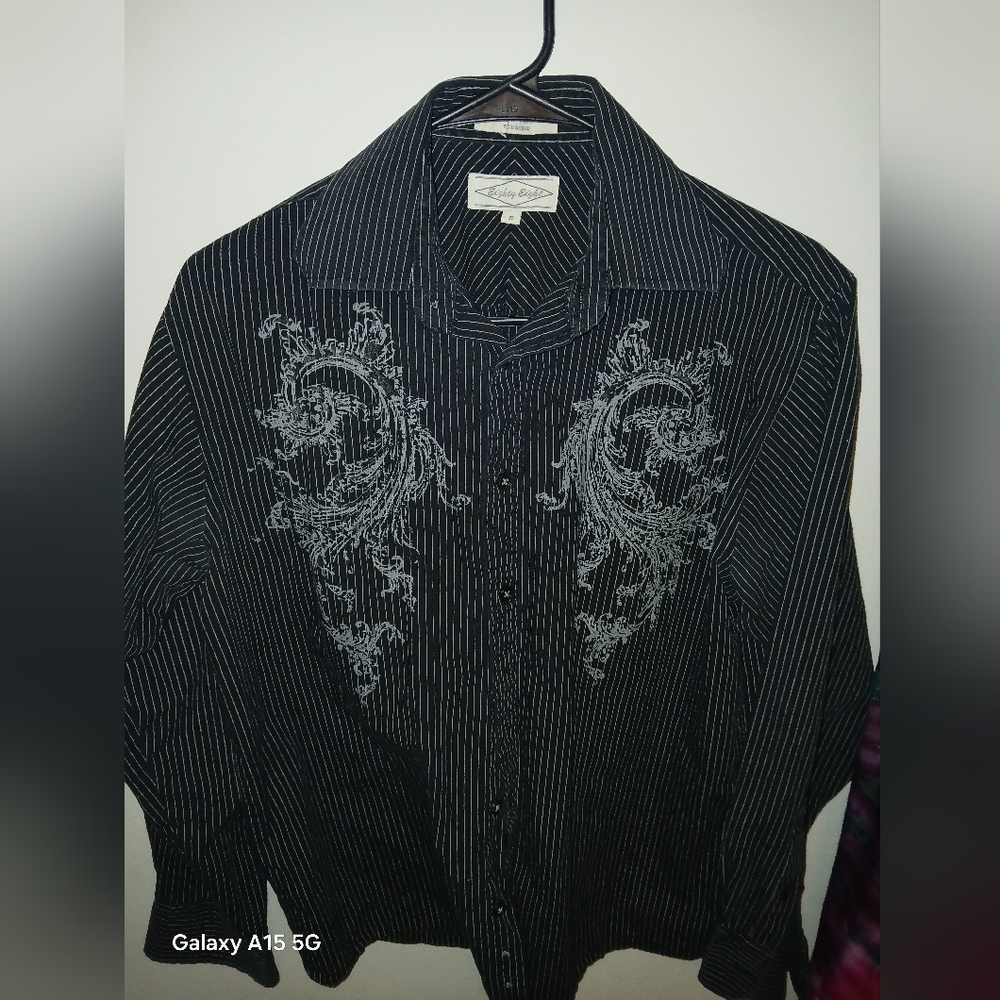 Men's Black Striped Shirt with Embroidery